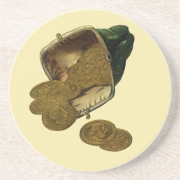 Vintage Business Finance, Gold Coin Money in Purse Drink Coaster