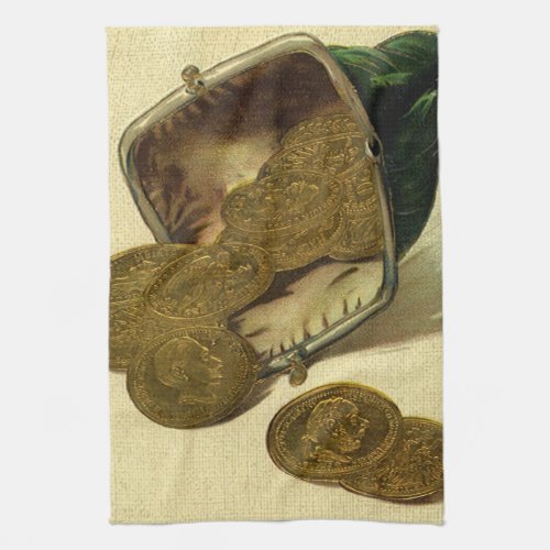 Vintage Business Finance Gold Coin Money in Purse Kitchen Towel