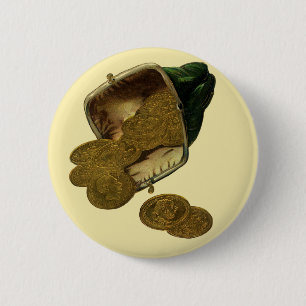 Vintage Business Finance, Gold Coin Money in Purse Pinback Button