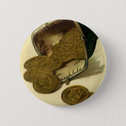 Vintage Business Finance, Gold Coin Money in Purse Pinback Button