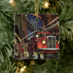 Vintage Business, Firemen Firefighters Fire Trucks Ceramic Ornament