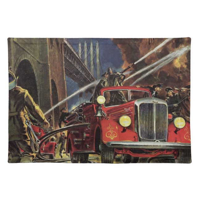 Vintage Business, Firemen Firefighters Fire Trucks Cloth Placemat (Front)