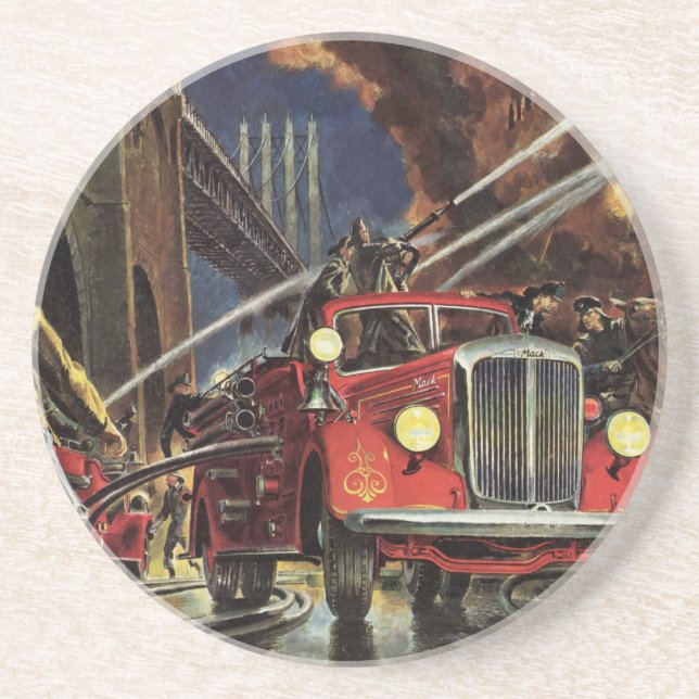 Vintage Business, Firemen Firefighters Fire Trucks Coaster (Front)