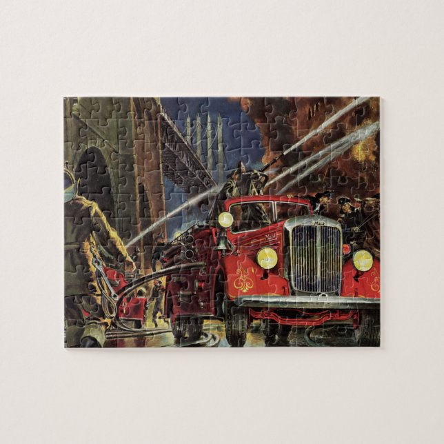 Vintage Business, Firemen Firefighters Fire Trucks Jigsaw Puzzle (Horizontal)