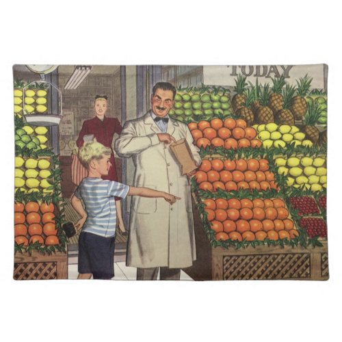Vintage Business Fruit Stand with Grocer and Boy Cloth Placemat