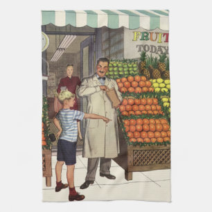 Vintage Business, Fruit Stand with Grocer and Boy Kitchen Towel
