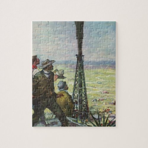 Vintage Business Gushing Oil Well with Workers Jigsaw Puzzle