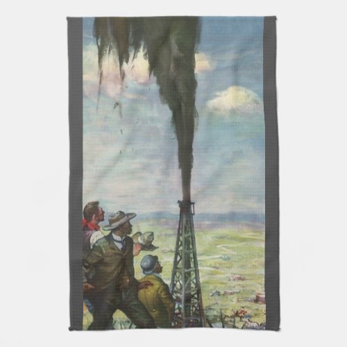 Vintage Business Gushing Oil Well with Workers Kitchen Towel