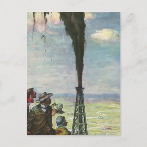Vintage Business Gushing Oil Well with Workers Postcard