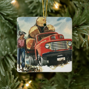 Vintage Business, Logging Truck with Lumberjacks Ceramic Ornament