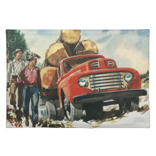 Vintage Business, Logging Truck with Lumberjacks Cloth Placemat