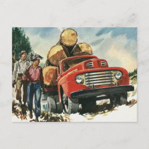 Vintage Business, Logging Truck with Lumberjacks Postcard