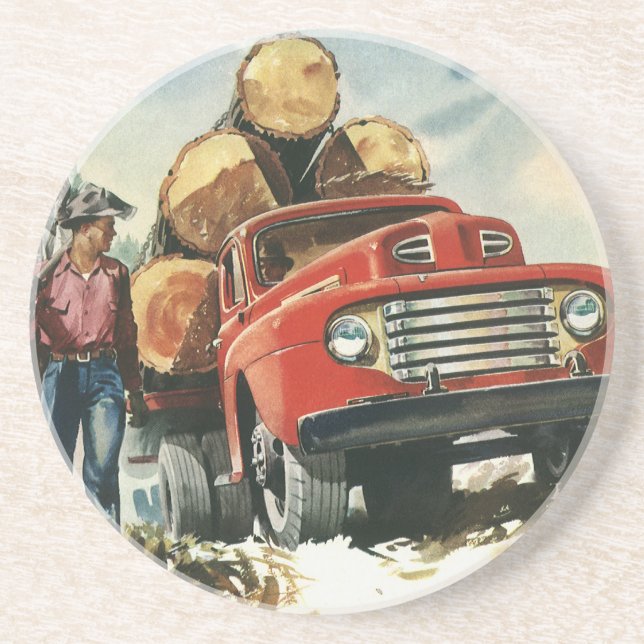 Vintage Business, Logging Truck with Lumberjacks Sandstone Coaster (Front)