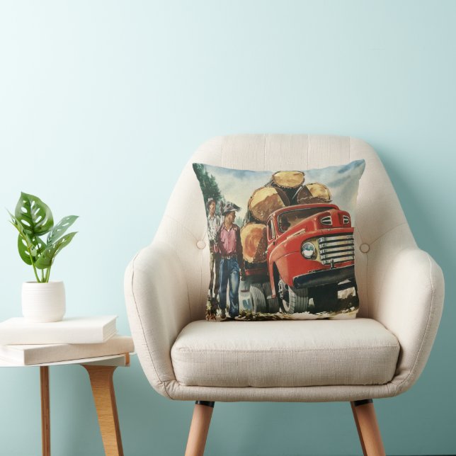 Vintage Business, Logging Truck with Lumberjacks Throw Pillow (Chair)