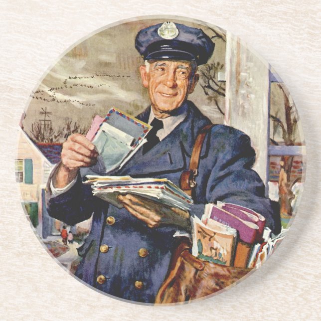 Vintage Business, Mailman Delivering Mail Letters Drink Coaster (Front)
