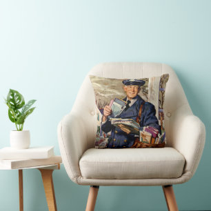 Vintage Business, Mailman Delivering Mail Letters Throw Pillow