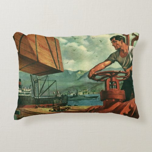 Vintage Business Oil Tanker Ship with Dock Worker Accent Pillow