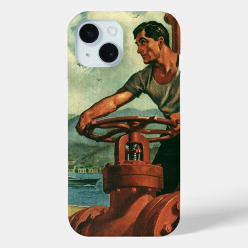 Vintage Business Oil Tanker Ship with Dock Worker iPhone 15 Case