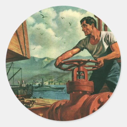 Vintage Business Oil Tanker Ship with Dock Worker Classic Round Sticker