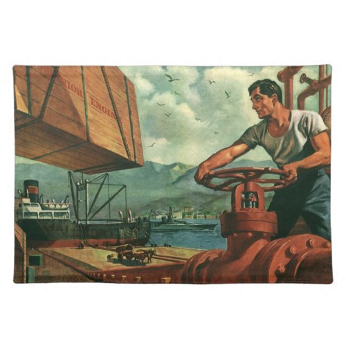 Vintage Business Oil Tanker Ship with Dock Worker Cloth Placemat