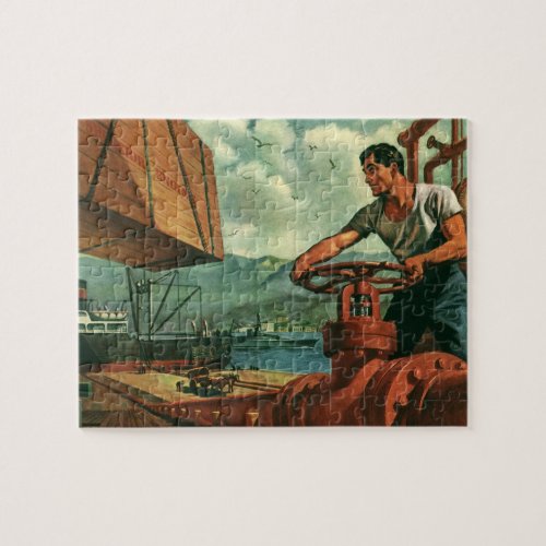 Vintage Business Oil Tanker Ship with Dock Worker Jigsaw Puzzle
