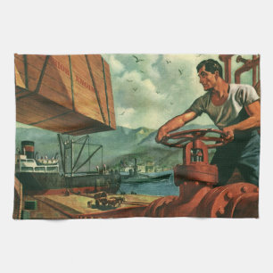 Vintage Business, Oil Tanker Ship with Dock Worker Kitchen Towel