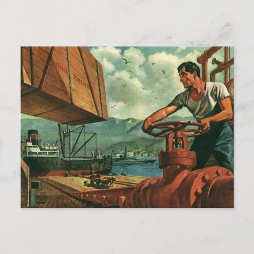Vintage Business Oil Tanker Ship with Dock Worker Postcard