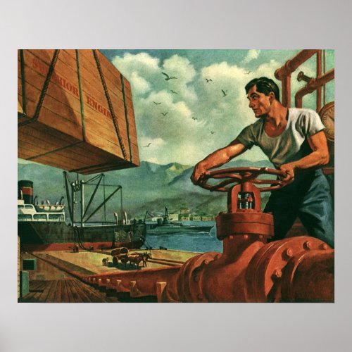 Vintage Business Oil Tanker Ship with Dock Worker Poster