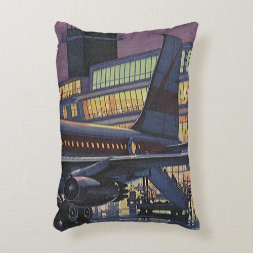 Vintage Business Passengers on Airplane at Airport Accent Pillow