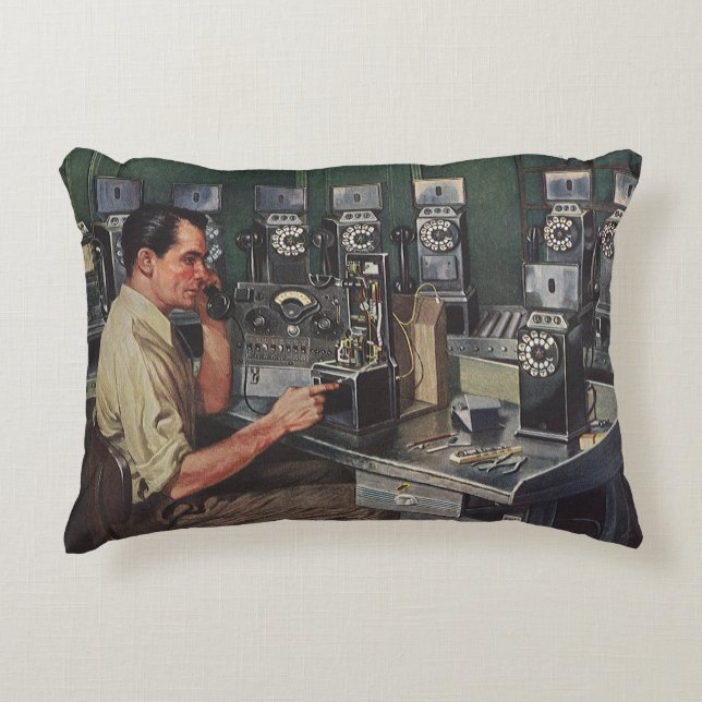 Vintage Business, Pay Phone Telephone Repairman Accent Pillow (Front)
