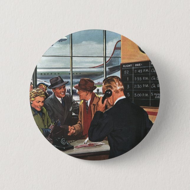 Vintage Business, People at Airline Counter Button (Front)
