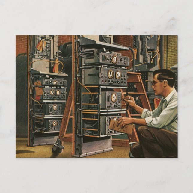Vintage Business Radio Technician Fixing Equipment Postcard (Front)