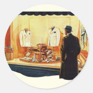 Vintage Business Retail Store, Man Window Shopping Classic Round Sticker