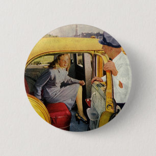 Vintage Business, Taxi Cab Driver Woman Passenger Button