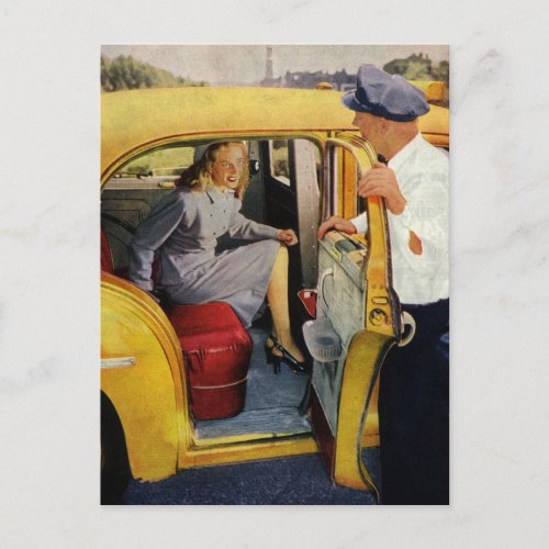 Vintage Business Taxi Cab Driver Woman Passenger Postcard
