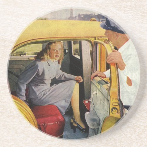 Vintage Business Taxi Cab Driver Woman Passenger Sandstone Coaster