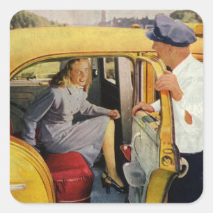 Vintage Business, Taxi Cab Driver Woman Passenger Square Sticker
