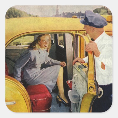 Vintage Business Taxi Cab Driver Woman Passenger Square Sticker