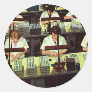 Vintage Business, Telephone Assembly Line Workers Classic Round Sticker
