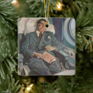 Vintage Business Travel, Reading on the Airplane Ceramic Ornament