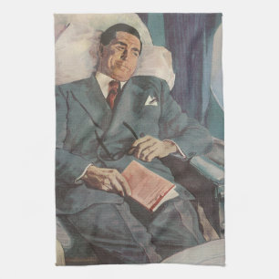 Vintage Business Travel, Reading on the Airplane Kitchen Towel