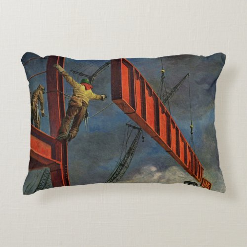 Vintage Business Workers on Steel Construction Accent Pillow