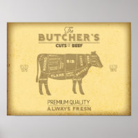 Vintage Butcher Shop Cuts of Beef Cow Diagram