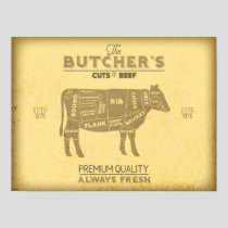 Vintage Butcher Shop Cuts of Beef Cow Diagram Poster