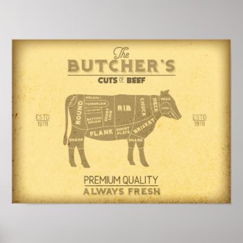 Vintage Butcher Shop Cuts Of Beef Cow Diagram Poster by ChefsAndFoodies at Zazzle