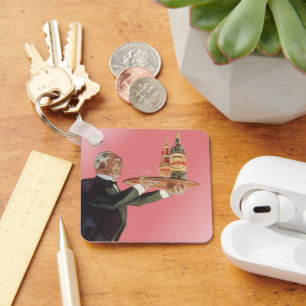 Vintage Butler in a Tuxedo Serving Wine on Tray Keychain