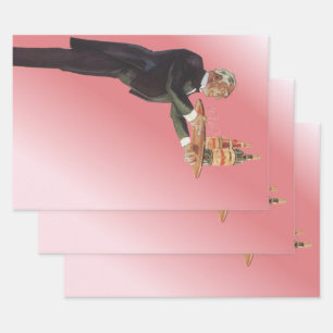 Vintage Butler in a Tuxedo Serving Wine on Tray Wrapping Paper Sheets