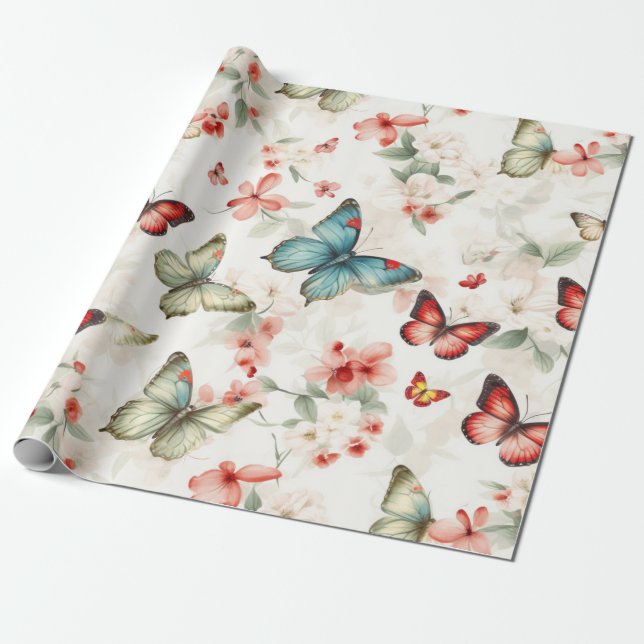 Vintage Butterflies and Blossoms Wrapping Paper (Unrolled)