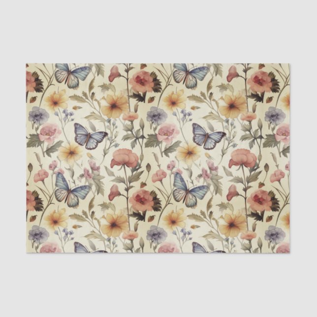 Vintage Butterflies and Flowers Decoupage Pattern Tissue Paper (Front)