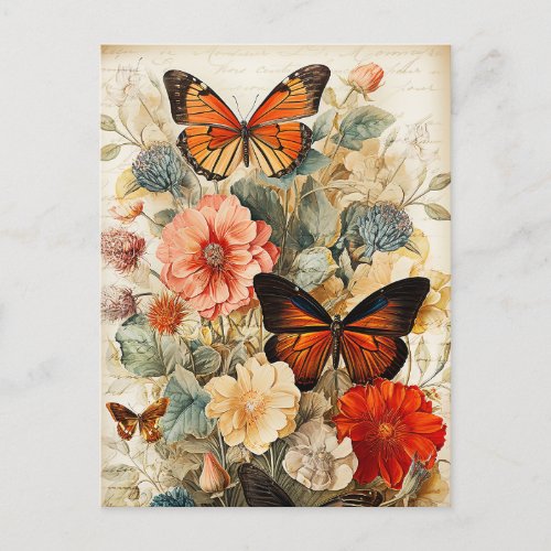 Vintage Butterflies and Flowers Postcard